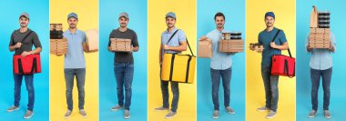 Kurye sipariş renk arka plan üzerinde kolaj. Food teslim