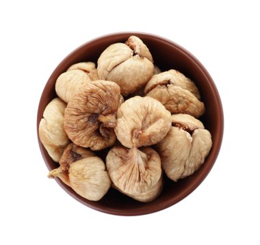 Beyaz arka planda, üstten görünüm incir ile top. Kurutulmuş meyve sağlıklı gıda olarak