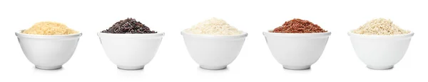 Σετ Μπολ Διαφορετικές Άψητα Ρύζια Λευκό Φόντο — Φωτογραφία Αρχείου