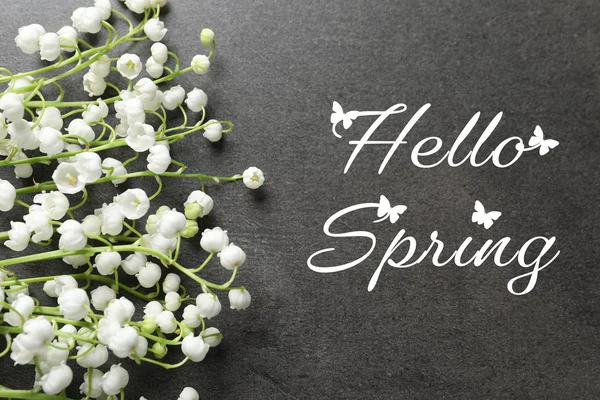 Красивая Лилия Долины Цветы Текст Hello Spring Цветном Фоне Вид — стоковое фото