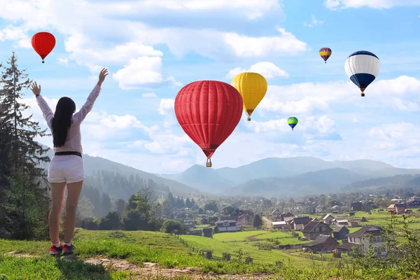 Woman Enjoying Beautiful View Flying Air Balloons — Stock Photo, Image