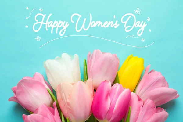 Lente Tulpen Kleur Achtergrond Bovenaanzicht Happy Women Day — Stockfoto