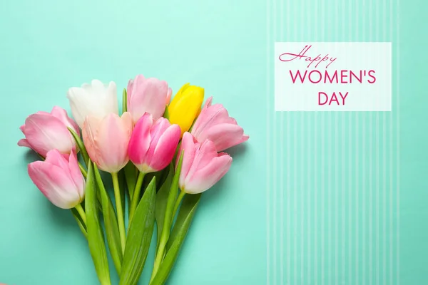 Lente Tulpen Kleur Achtergrond Bovenaanzicht Happy Women Day — Stockfoto