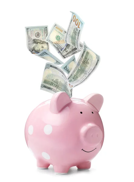 Money Falling Piggy Bank White Background — Stock Photo, Image