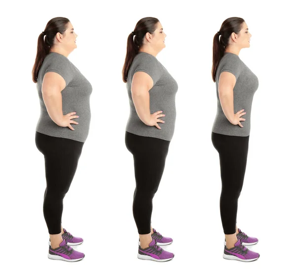 超重妇女减肥前后的白色背景 — 图库照片