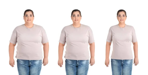 Mulher Com Excesso Peso Antes Depois Perda Peso Fundo Branco — Fotografia de Stock