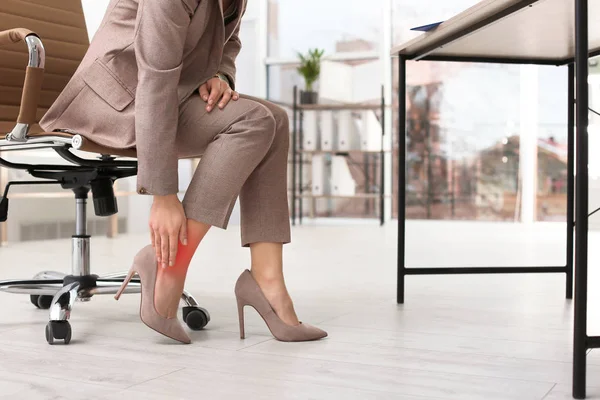 Woman Suffering Leg Pain Office Closeup Space Text — Stock Photo, Image