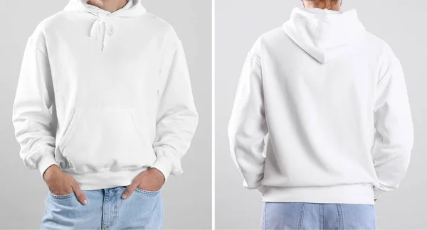 Άνθρωπος Στο Κενό Hoodie Πουλόβερ Ανοιχτόχρωμο Φόντο Κινηματογράφηση Πρώτο Πλάνο — Φωτογραφία Αρχείου