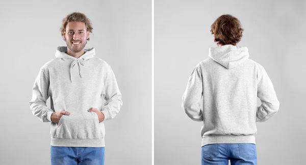 Hombre Con Sudadera Con Capucha Blanco Sobre Fondo Claro Vistas —  Fotos de Stock