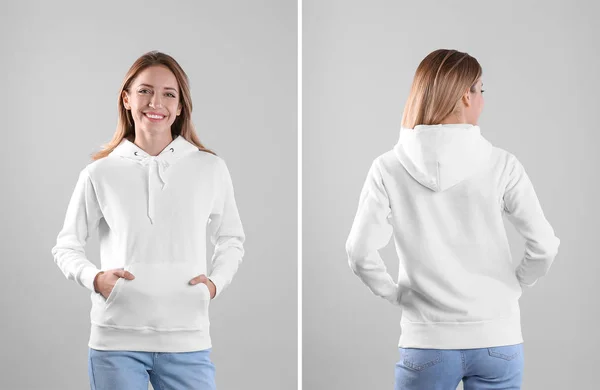 Açık Renkli Arka Sayısı Boş Hoodie Kazaklı Genç Kadın Sahte — Stok fotoğraf