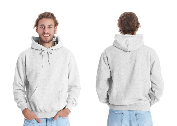 Άνθρωπος Στο Κενό Hoodie Πουλόβερ Λευκό Φόντο Εμπρός Και Πίσω — Φωτογραφία Αρχείου