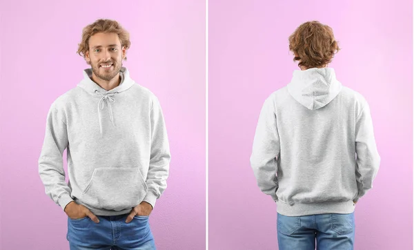 Man Blank Hoodie Sweater Color Background Front Back Views Mock — Stock Photo, Image