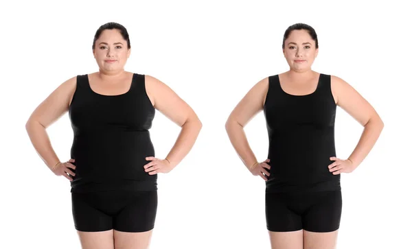 Übergewichtige Frau Vor Und Nach Gewichtsverlust Auf Weißem Hintergrund — Stockfoto