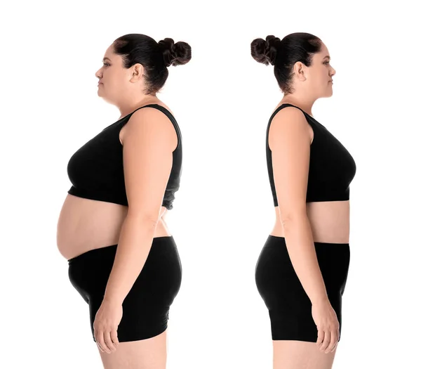 Overweight Woman Weight Loss White Background — Stock Photo, Image