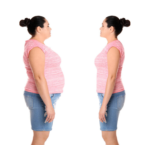 Избыточный вес женщины до и после потери веса на белом фоне
