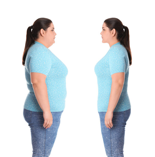 Избыточный вес женщины до и после потери веса на белом фоне
