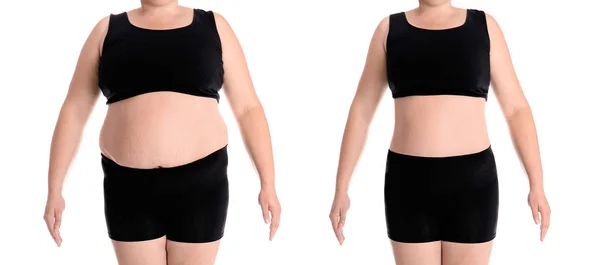 超重妇女在白色背景的减肥前后 特写镜头 — 图库照片