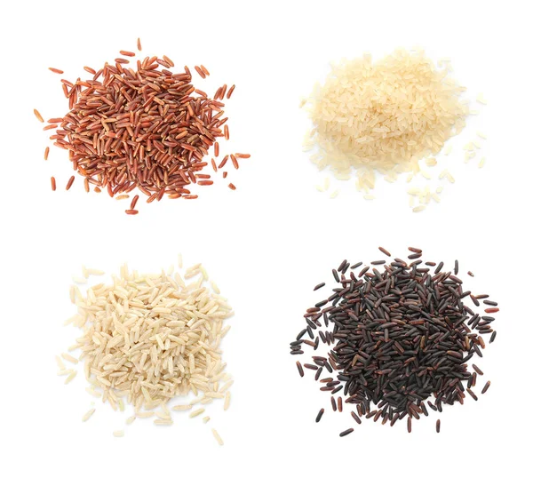 Zestaw Stosy Różnych Niegotowane Rices Białym Tle Płaskie Leżał — Zdjęcie stockowe