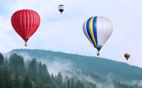 Mountain landscape and flying air balloons over green forest
