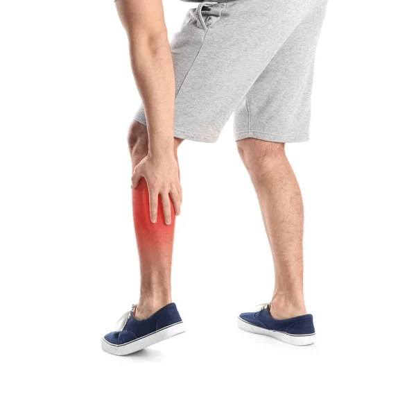 Člověk Trpící Bolesti Nohou Bílém Pozadí Closeup — Stock fotografie