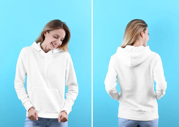 Jonge Vrouw Lege Hoodie Trui Kleur Achtergrond Voorkant Achterkant Uitzicht — Stockfoto