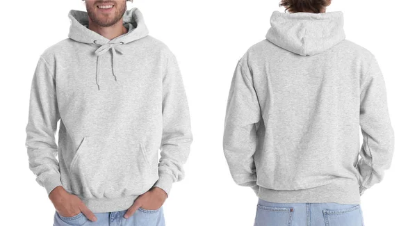 Hombre Con Sudadera Con Capucha Blanco Sobre Fondo Blanco Primer —  Fotos de Stock