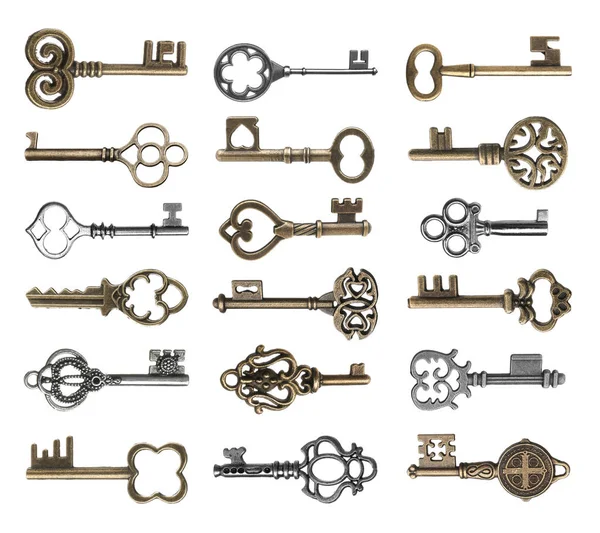 Set Vintage Ornate Keys White Background — Stock Photo, Image