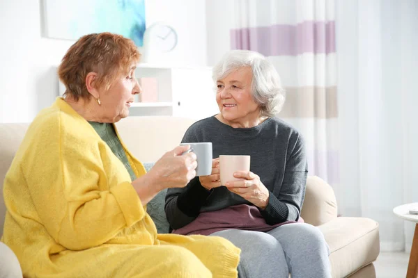 Пожилые Женщины Пьют Чай Вместе Гостиной — стоковое фото