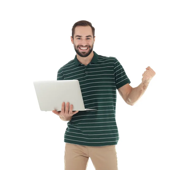 Pemuda Emosional Dengan Laptop Merayakan Kemenangan Latar Belakang Putih — Stok Foto