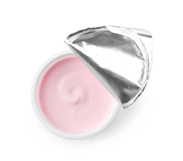 Plastmugg Med Krämig Yoghurt Vit Bakgrund Ovanifrån — Stockfoto