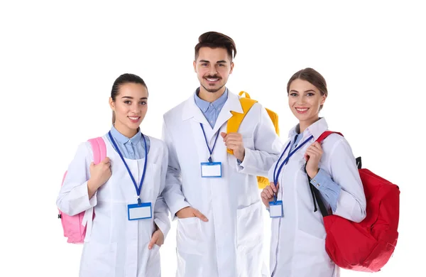 Grupo Jóvenes Estudiantes Medicina Sobre Fondo Blanco — Foto de Stock