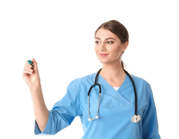 Estudante Medicina Com Marcador Fundo Branco — Fotografia de Stock