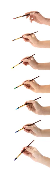 Set People Holding Paint Brushes White Background Closeup — Stock Photo, Image