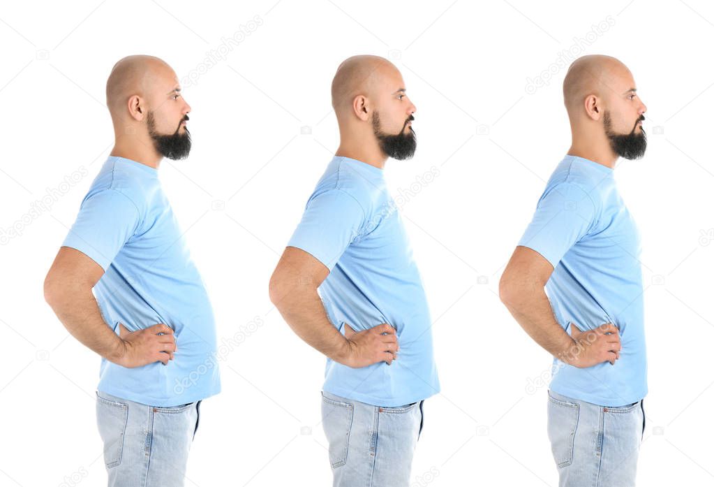 Overweight man before and after weight loss on white background