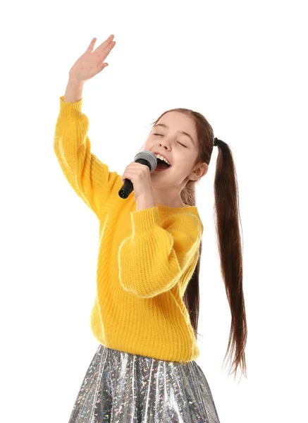 Mała Dziewczynka Śpiewa Mikrofonu Białym Tle — Zdjęcie stockowe