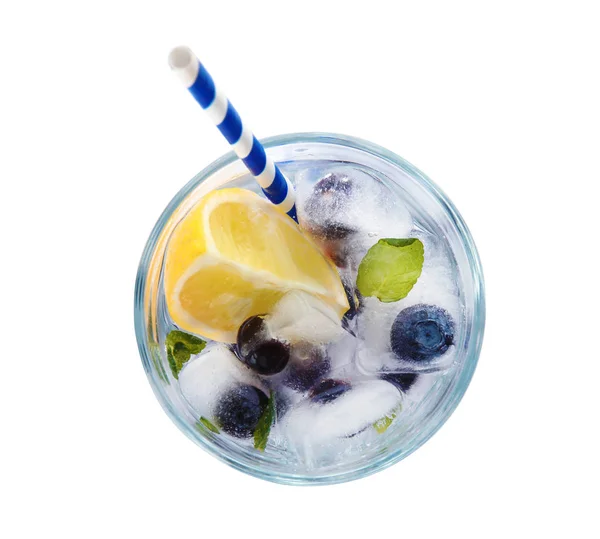 Glas Drink Med Blåbär Isbitar Isolerad Vit Top View — Stockfoto