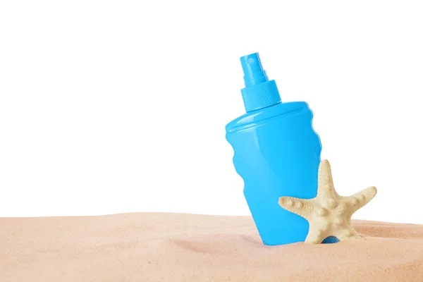 Bottle Sun Protection Body Cream Starfish White Background — Stock Photo, Image