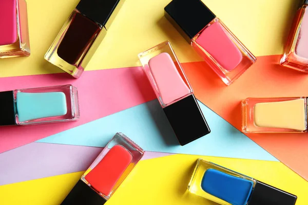 Bottles Nail Polish Color Background Top View — Stock Photo, Image