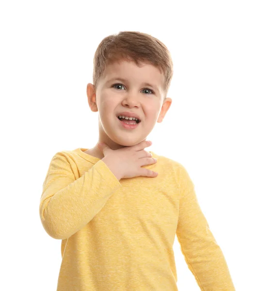 Lindo Chico Que Sufre Tos Sobre Fondo Blanco — Foto de Stock