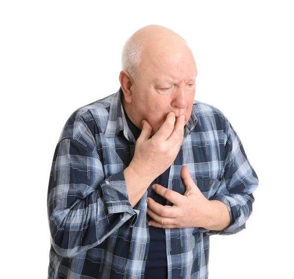 Uomo Anziano Che Soffre Tosse Sfondo Bianco — Foto Stock