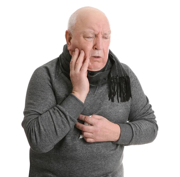 Uomo Anziano Che Soffre Tosse Sfondo Bianco — Foto Stock