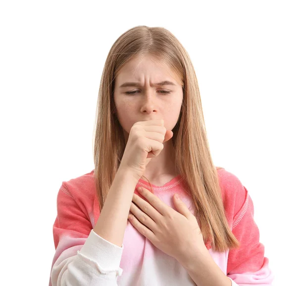 Teenage Girl Suffering Cough Isolated White — Stock Photo, Image