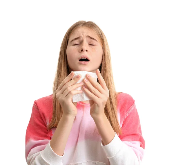 Ragazza Adolescente Che Soffre Tosse Isolata Bianco — Foto Stock