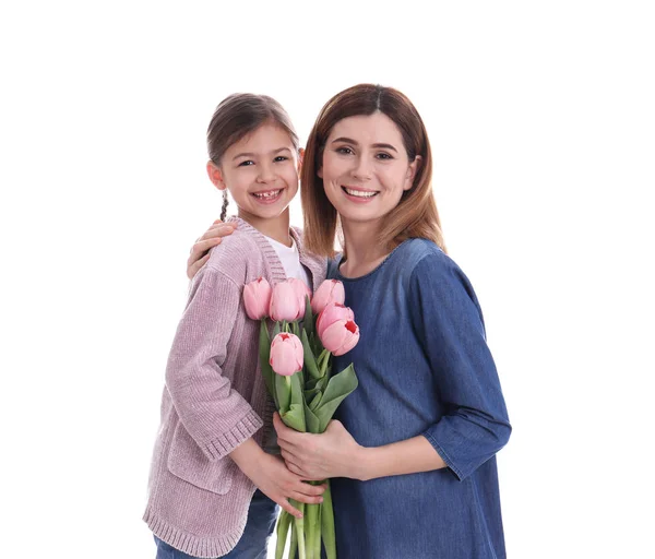 Feliz Madre Hija Con Flores Sobre Fondo Blanco Día Internacional — Foto de Stock