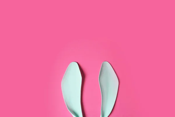 Divertidas Orejas Conejo Pascua Fondo Color Vista Superior Con Espacio — Foto de Stock