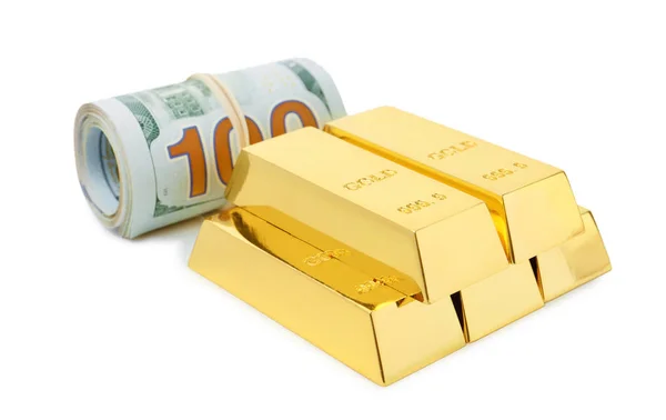 Lesklé Zlaté Cihly Dolarové Bankovky Bílém Pozadí — Stock fotografie
