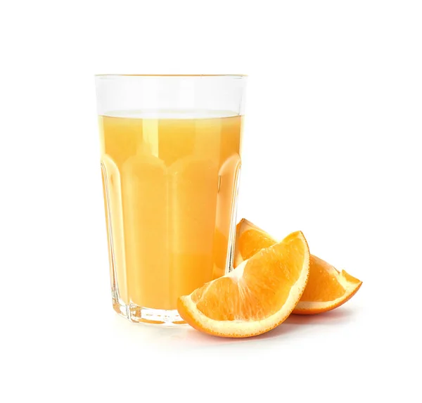 Glas Apelsinjuice Och Färsk Frukt Isolerad Vit — Stockfoto