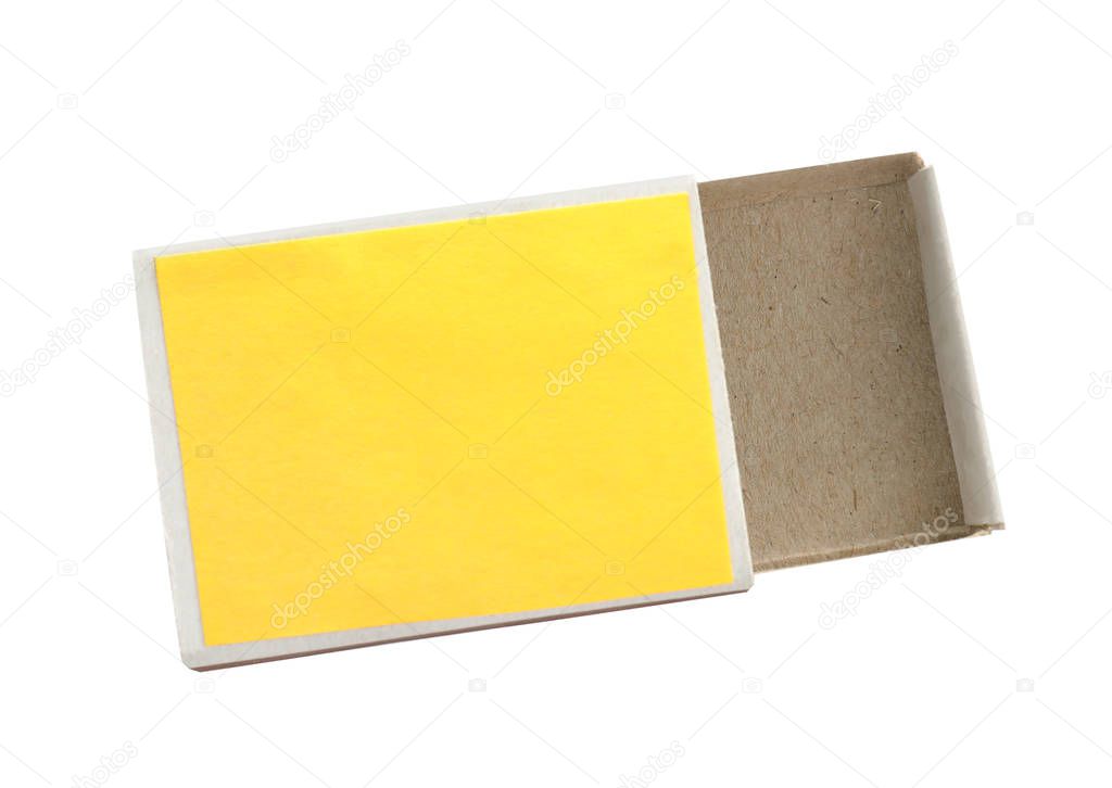 Empty matchbox on white background, top view. Space for design