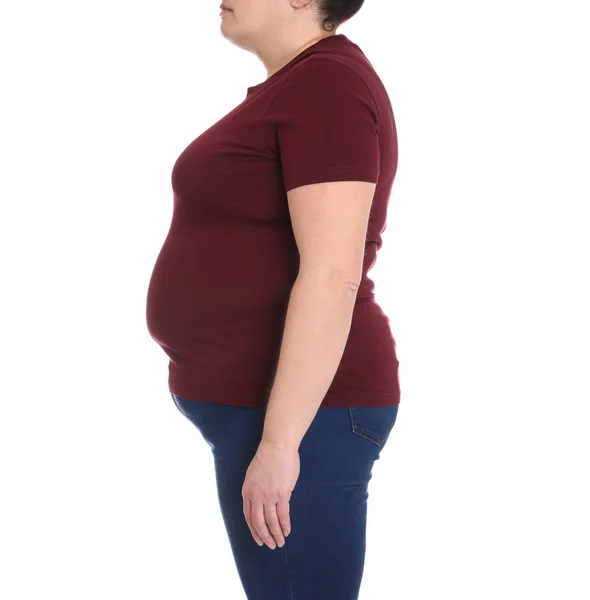 Overweight Woman White Background Closeup Weight Loss — Stock Photo, Image