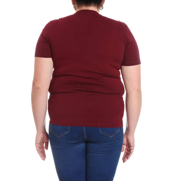 Overweight Woman White Background Closeup Weight Loss — Stock Photo, Image